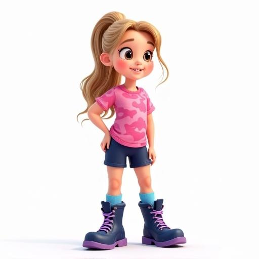 Cartoon girl with long dark-blonde hair styled in a ponytail. She wears a pink-camouflage shirt and navy-blue track shorts. Blue socks and shiny dark-blue knee-high hiking boots with light-purple laces and soles are part of her outfit.