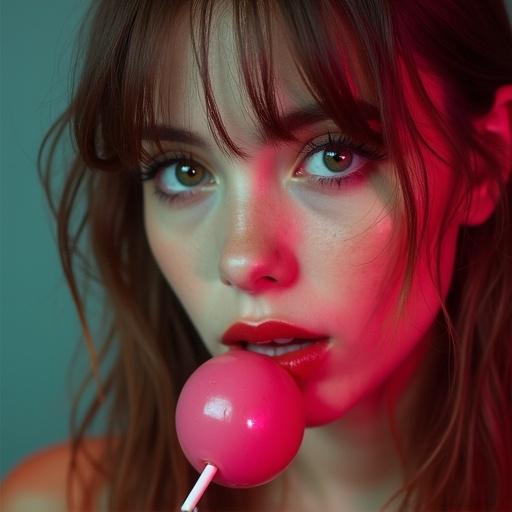 Close-up portrait of a girl holding a pink lollipop. She has long hair and a striking face. Bold lighting gives a vibrant effect. Emphasis on a cool and edgy vibe.