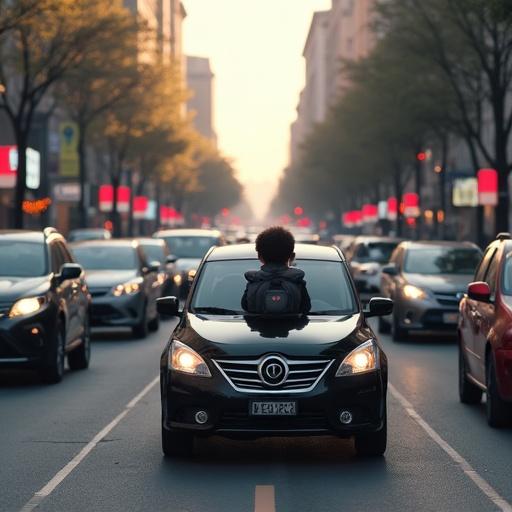 Black car driven by a child. City scene filled with other vehicles. Background shows buildings and trees. Sun setting casting warm light.