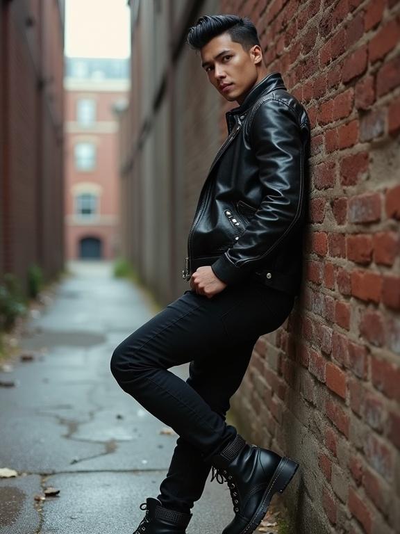A fit 28 year old male leaning against a brick wall in an alley. Wears sleek black jeans with a leather jacket. Footwear includes knee high boots. Hairstyle is slick and styled. The atmosphere is urban and gritty.