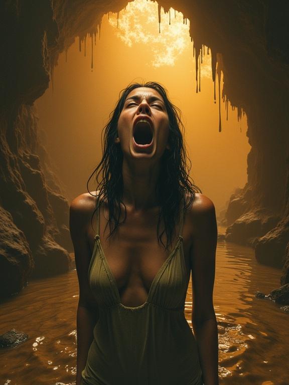 Wet cave portrait with a figure in an eerie landscape. Expression shows deep disappointment and astonishment with mouth wide open. Warm amber and gold hues create an ethereal glow. Abstract background with moving patterns. High detail and sharpness.
