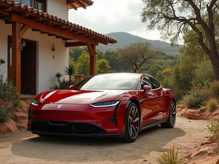 Red Tesla sports car parked near a wooden house in a rural area. Surrounding nature with trees and a dirt road. House has no gate and rustic appeal.