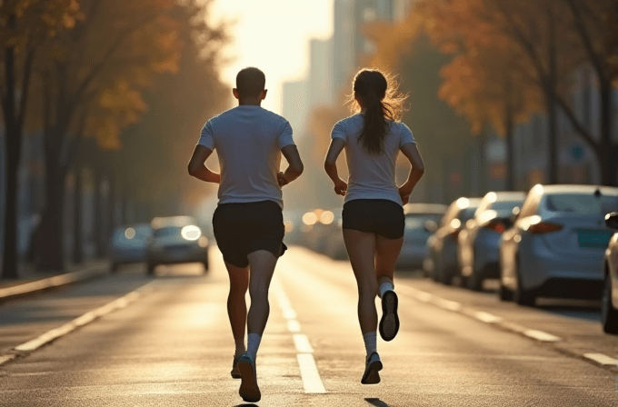 Two people are jogging down an empty city street lined with parked cars during a golden sunrise.