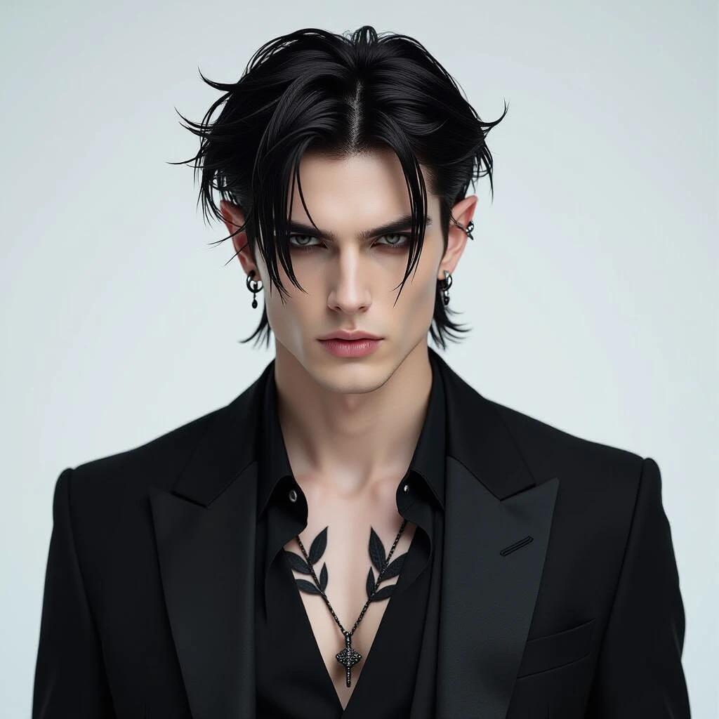 A young man has a slender defined build. He is in a neutral pose. Tousled black hair styled in a mullet. One section tied back like a ponytail. The back is slightly longer and disheveled. Eyes are completely black without pupils. Sinister intense expression. Wears a long black overcoat and shirtless underneath. Chest tattooed with pointed black leaves. Leaves reach up to the neck. Wears black suit pants and black dress shoes. Pointy elfin ears with several black earrings. Overall appearance is dark and modern.