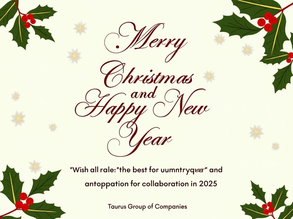 The image is a seasonal greeting card designed for the holidays. It features the phrase "Merry Christmas and Happy New Year" prominently in elegant typography. The background is decorated with festive elements, including green leaves and red berries, which add a touch of holiday cheer. Below the greeting, there's a warm message wishing all the best for the upcoming year and expressing anticipation for collaboration in 2025. The card is signed off by the Taurus Group of Companies, indicating it is a corporate greeting.