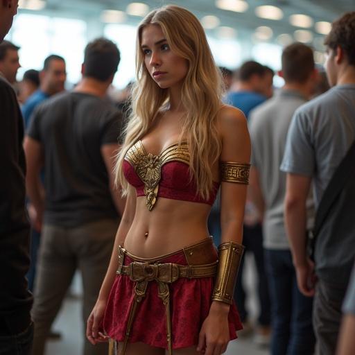 Photo of a young teen wearing a superhero cosplay with a mini-skirt. Surrounded by a crowd of men at a comic convention. The men appear to be watching her.