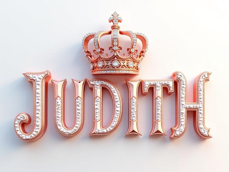 3D digital illustration with the name 'JUDITH' in ornate typography. Letters feature rose gold, white patterns, geometric shapes, and gemstones. A rose gold crown with diamonds sits above the name. Background is a soft gradient white.