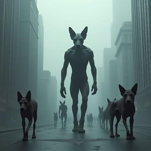 Grotesque towering forms with mismatched parts march on a slick street. Iconic skyscrapers loom in fog. Diffused light catches glass facades. Creatures cast deep shadows as they move with power. Larger giants overlook mountains in distance. Scene radiates cinematic energy and legend feeling with hairless dog heads.