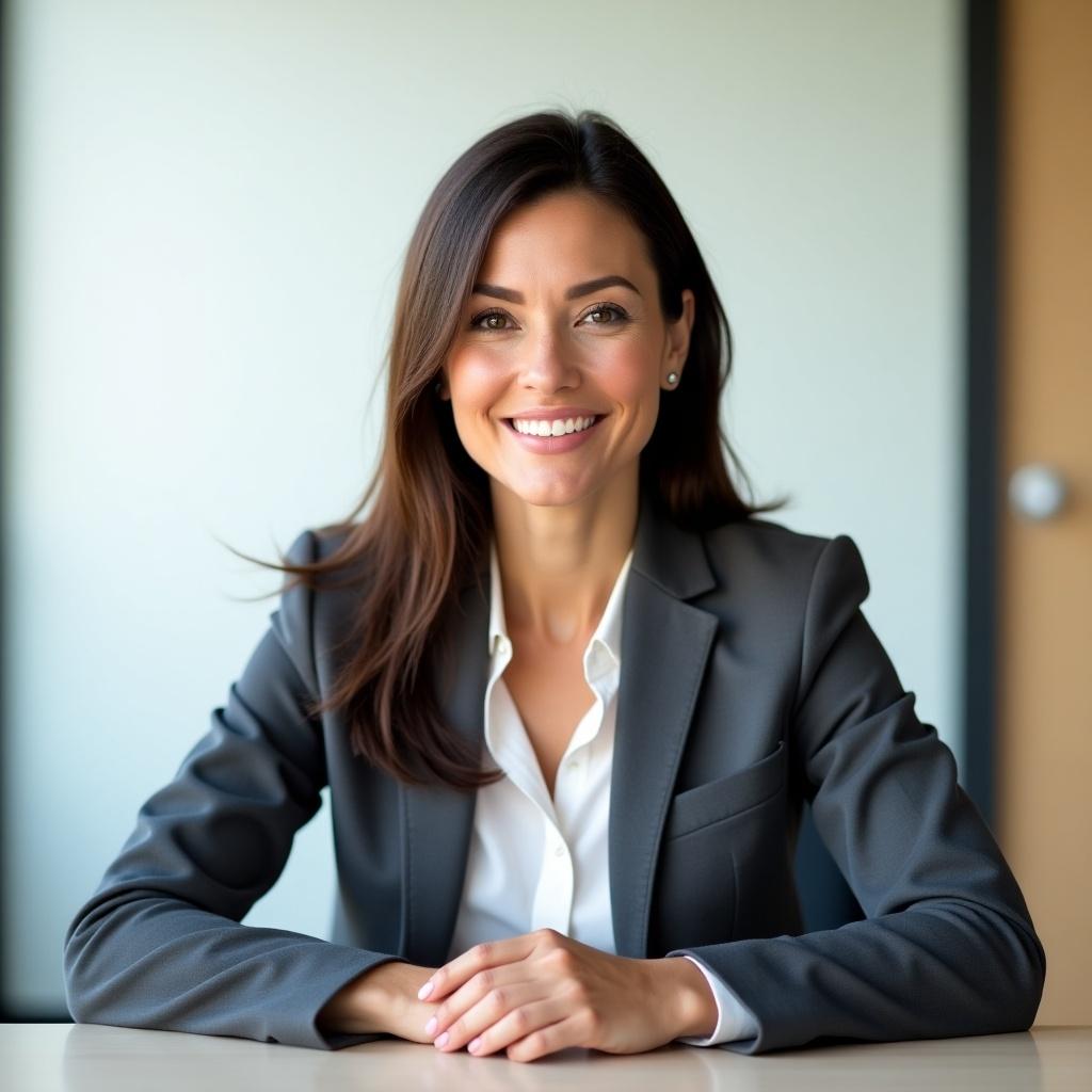 Create a professional and visually appealing avatar of a woman in her late 30s. Her look should embody confidence, elegance, and innovation. She has straight brown hair, brown eyes, and lightly tanned skin with a strong build. She wears a modern neutral-colored blazer with a white blouse, projecting professionalism. Her facial expression is friendly yet serious, showing focus and leadership. The background is clean and minimalist. She is seated at an office table.