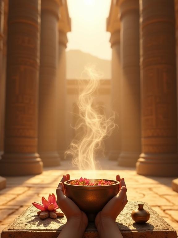 Screenshot from a VR game showing a grand ancient Egyptian temple interior. Kneeling before a stone altar holding a bronze bowl filled with petals and incense. Smoke curls upward in front. Altar has sacred offerings like lotus flowers and carved amulets. Tall columns with hieroglyphs around with golden sunlight illuminating incense. No people visible, only hands and altar.