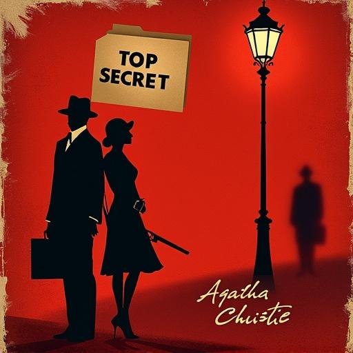 Red textured background with torn paper effect. Silhouettes of a man and woman in 1920s attire. A file marked 'TOP SECRET'. A shadowy figure watching from behind a streetlamp. Author's name below: Agatha Christie in gold script font. A faint gun silhouette in the corner.