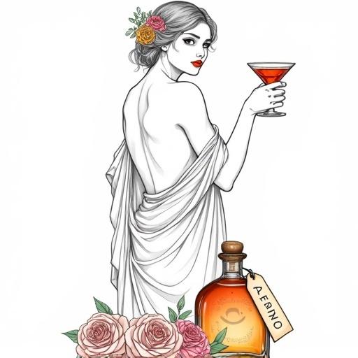 Detailed line art of a beautiful goddess. She is shirtless, seen from behind, offering a toast with a cocktail. She wears a translucent silk wrap. A flower is behind her ear, with golden-reddish lips. She looks over her shoulder. A low apothecary bottle is nearby, glowing and elegantly tagged 'ALFRUNO'. Roses and herbs are around the bottle.