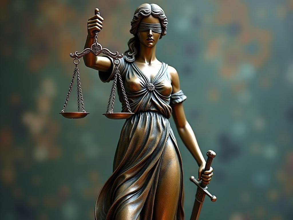 This is a detailed image of a blindfolded statue representing justice. The statue stands tall, gracefully holding a set of scales in her right hand, symbolizing the weighing of evidence and fairness. In her left hand, she holds a sword, representing the enforcement of law and order. The statue features a flowing robe adorned with intricate details, showcasing artistry and craftsmanship. The background is softly blurred, emphasizing the figure of the statue. The color palette consists of rich metallic tones, giving the statue a timeless and dignified appearance.