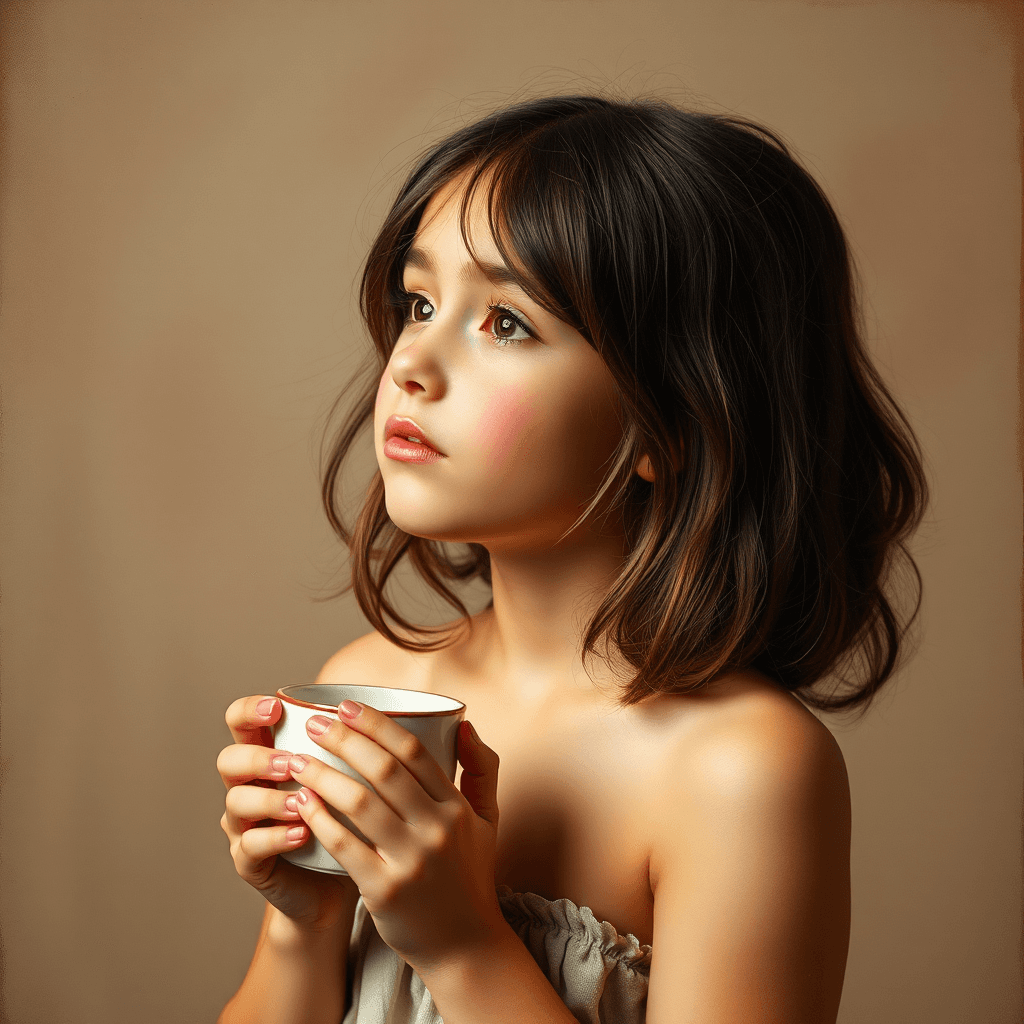 A young girl gazes thoughtfully while holding a cup, captured in soft lighting.