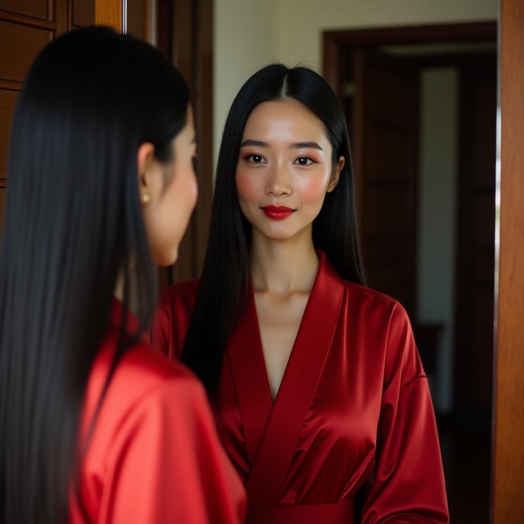 In this striking image, a Japanese woman stands confidently in front of a mirror, showcasing her long straight black hair. She wears a vibrant red kimono that enhances her elegance and grace. Her flawless makeup accentuates her beautiful eyes, and a slight smirk of satisfaction plays on her lips as she gazes at her reflection. The soft lighting gently envelops her, highlighting her captivating features. The setting merges traditional attire with a modern aesthetic, creating a sophisticated atmosphere.