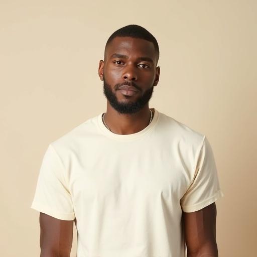 High resolution portrait of a male rapper wearing a plain cream-colored T-shirt. Full frontal view with neutral expression. Clean-shaven face with natural skin texture. Soft even lighting that highlights facial features. Simple solid background. Minimalistic composition with subtle urban style.
