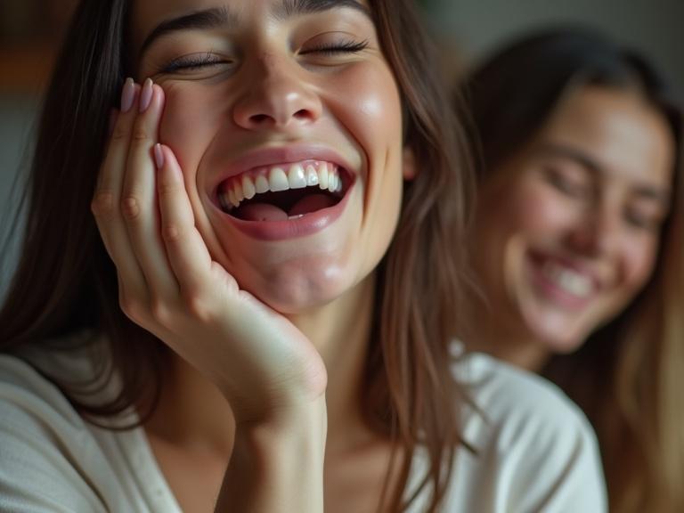 Close-up capturing a woman experiencing happiness. Wiping a tear from her cheek. Background features another friend smiling. Scene evokes an intimate, joyful atmosphere. Warm lighting and colors enhance the emotional content.