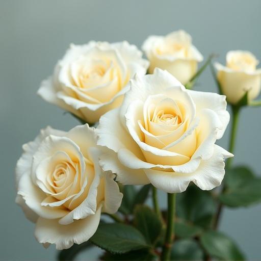 Photorealistic image showcasing a cluster of soft white roses in a delicate arrangement against a muted background.