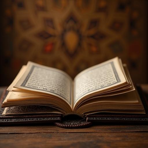 Close-up shot of an open Holy Quran displayed on intricately carved dark wooden rehal. Warm brown background with subtle repeating Islamic geometric star pattern. Soft lighting highlights the pages.