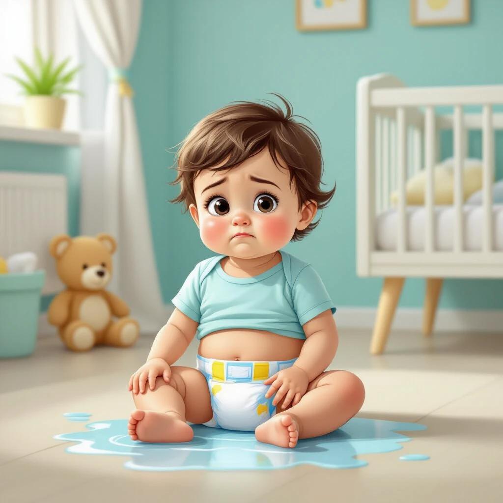 Digital illustration shows a baby sitting on a floor. Diaper is visibly wet with a small puddle underneath. Baby appears uncomfortable with a frown. Clothes are slightly wet around the diaper area. Scene set in softly lit nursery room. Decor is clean and minimal. Color palette is soft and friendly dominated by turquoise, white and yellow. Overall mood conveys inconvenience of leaky diaper in a gentle way.