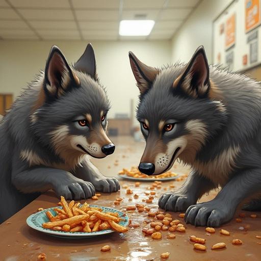 Sketch of wolf cubs engaged in a messy food fight in a cafeteria scene. One wolf cub is in front of a plate of fries. The other wolf cub is laughing at the mess.