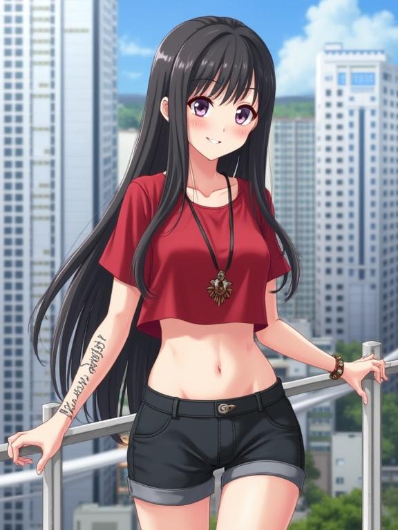 A girl with black hair stands outdoors. She wears a red crop top and black shorts. The background shows a cityscape with tall buildings. The girl has a friendly smile and poses with confidence. Her arm features a tattoo. Jewelry adorns her neck and wrist.