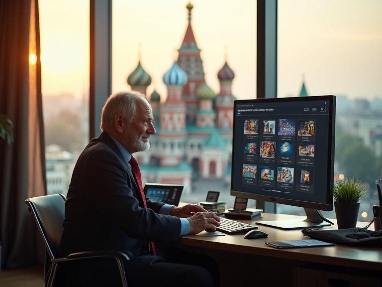 Modern office on high floor with view of Moscow. Red Square visible through large windows. Office has dark wooden furniture and warm sunlight. Elderly Russian trader in dark suit sits at desk. He smiles at advanced monitor displaying diverse products. Scene rich with textures and soft lighting. 4K ultra-realistic quality.