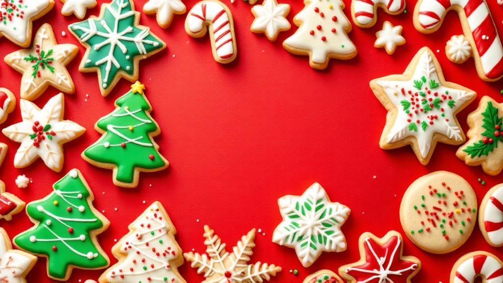 High quality stock photo of assorted decorated Christmas cookies on a red background. Cookies are various shapes like stars trees snowflakes candy canes and circles. Decorated with icing sprinkles and toppings. Showcases creativity in holiday baking.