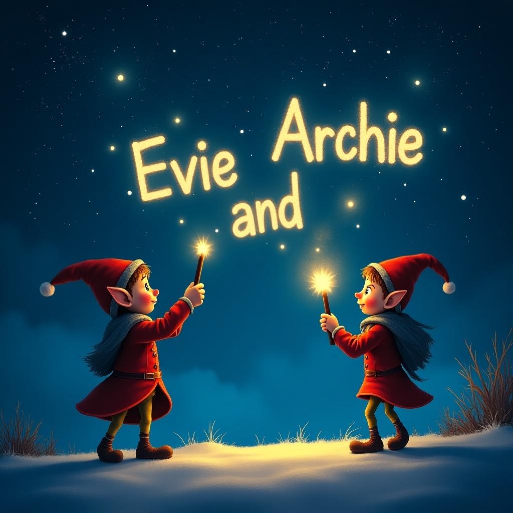 Scene with two elves under a starry night sky. Elves use magical wands to write names in glowing letters. Names glowing brightly in dark backdrop. Whimsical atmosphere perfect for a fairy tale. Contrast between dark sky and luminous text.