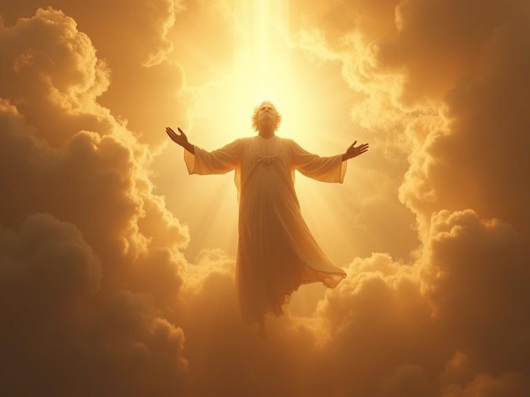 Elderly man with gray hair ascends into a radiant golden sky. Ethereal light beams surround him. Swirling clouds and a divine presence are visible. The scene is rendered in a realistic style with warm tones. Cinematic lighting enhances the visual drama. The image is in a 9:16 aspect ratio.