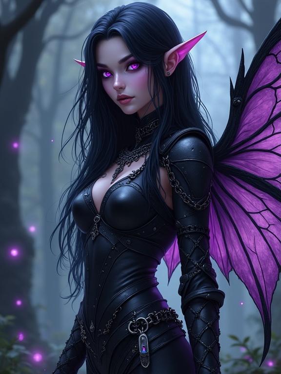 Digital art depicting a mysterious shadow fey rogue. Character in dark enchanted forest. Features pale gray-violet skin and long raven-black hair. Includes high cheekbones and sharp ears. Character wears black leather armor with throwing knives and poison vials. Wields wings that resemble moth wings. Forest background with creeping fog and flickering faerie lights. Ethereal atmosphere and stylized depth of field.