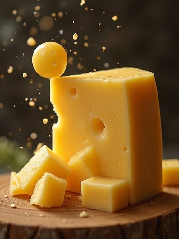 Cheese block with holes surrounded by scattered cheese pieces. It appears to be in motion with a playful vibe. Cheese is vibrant yellow with a smooth texture.