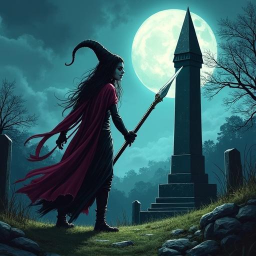 Hand-drawn comic book style female goblin holding spear in graveyard. Black obelisk stands amidst moonlit scenery. Dramatic shadows and vibrant colors create a cinematic composition.