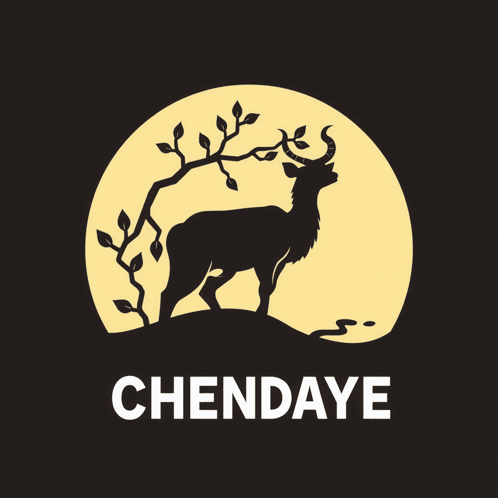 A stylized deer silhouette and tree branch against a large, bright moon, above the word 'CHENDAYE'.