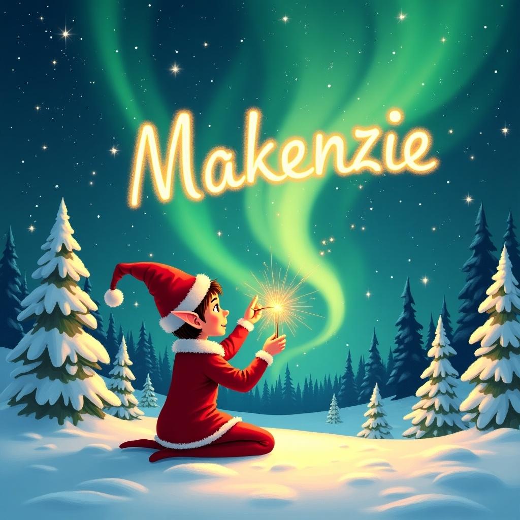 This illustration shows an elf in a winter wonderland. The elf writes 'Makenzie' in the sky with a sparkler. Northern lights provide a colorful backdrop. Snow covers the ground and trees surround the elf. The scene is magical and festive.