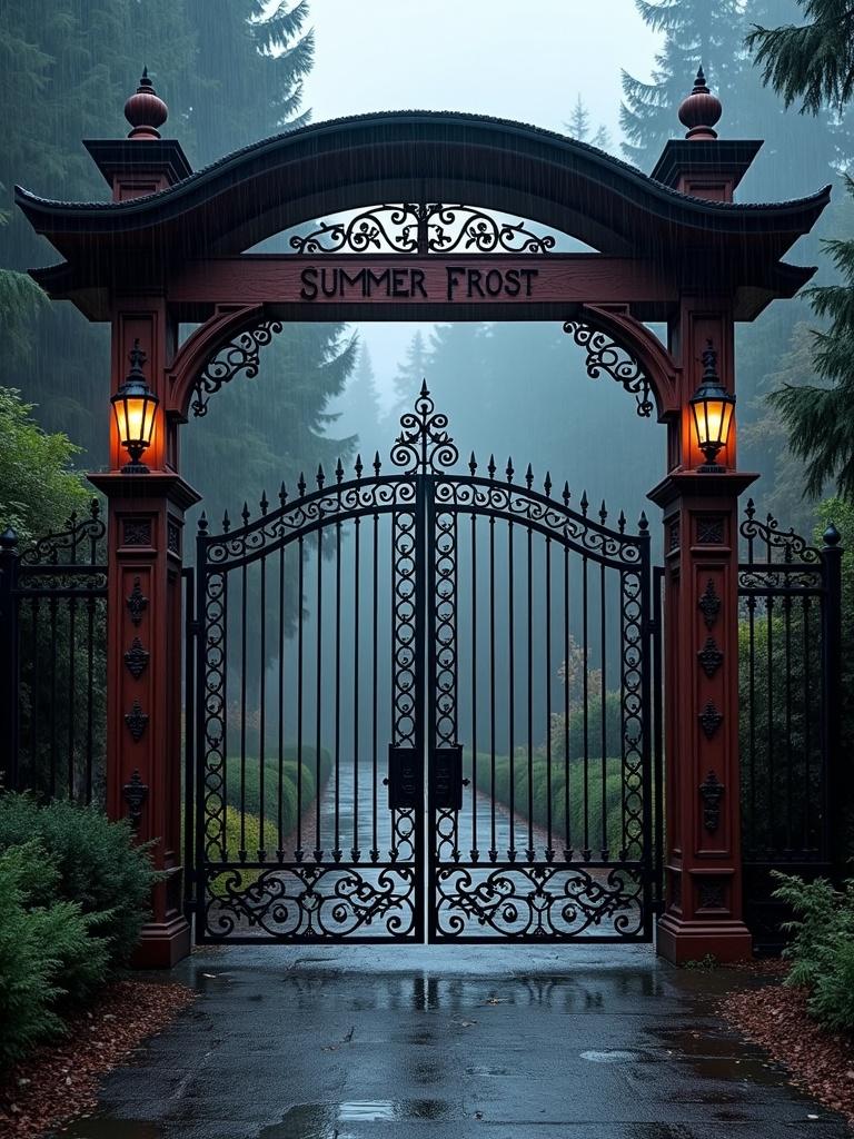 This image captures a wrought iron gate labelled 'Summer Frost,' set in a serene and misty forest environment. The majestic gate is adorned with intricate designs, flanked by lanterns casting a warm glow. The damp path leading through the gate invites a sense of mystery and quiet anticipation as it disappears into the misty background.