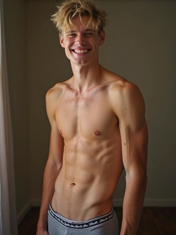 Portrait of young man with toned abs and blond hair. Attractive features with playful smile. Wearing tight underpants. Captured in natural lighting.