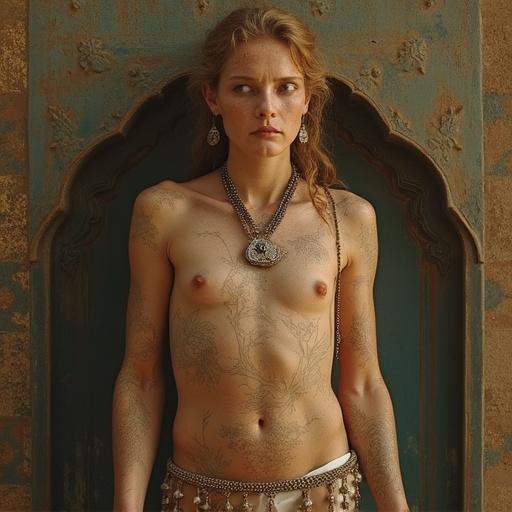 Image depicts a woman representing beauty ideals in Arabian culture. She stands confidently in an ornate setting. The background features intricate designs. Jewelry adorns her body, showcasing artistry. The pose emphasizes her elegance and cultural significance.