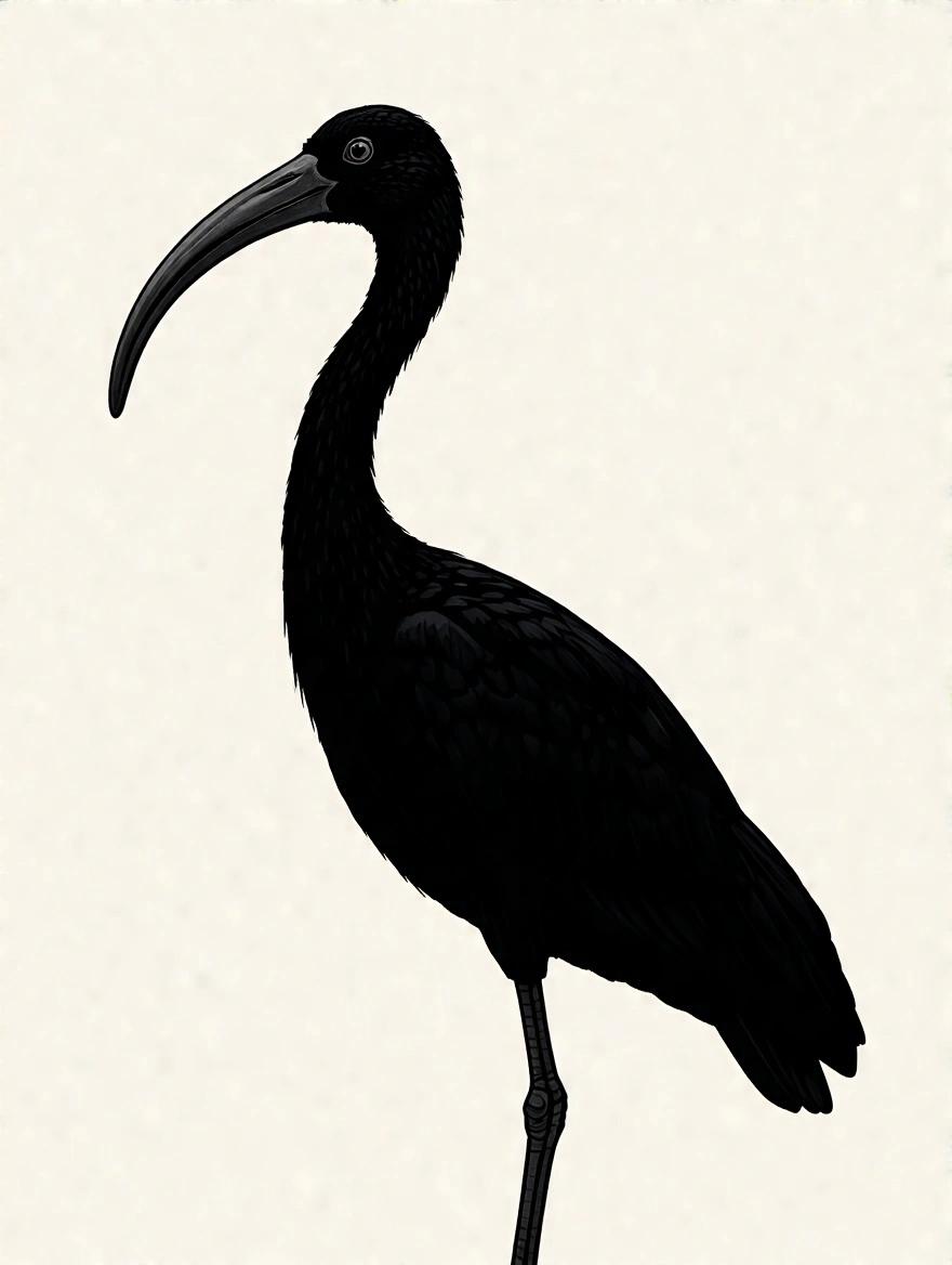 Stylized representation of a medieval ibis. Shown in a side profile. Color is solid black against a light background.