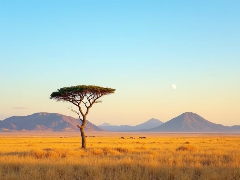 Photograph showcases a solitary acacia tree amidst a vast golden grassy landscape with mountains in the backdrop under a clear blue sky. Captured in warm early morning or late afternoon light, the composition emphasizes serene and peaceful surroundings.