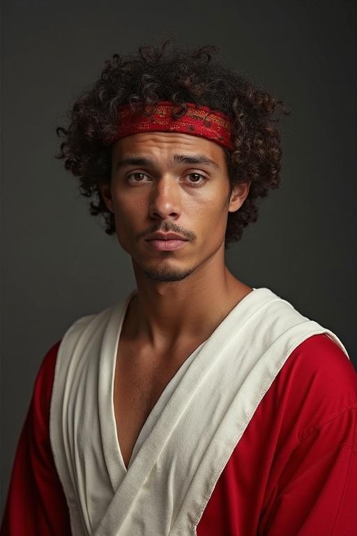 Portrait of an actor wearing a red and white costume. Actor has curly hair and is posing against a dark background. The costume is reminiscent of traditional attire with a modern twist. Emphasis on clothing details and actor's posture.