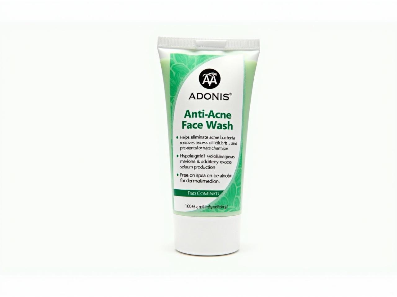 The image features a tube of ADONIS Anti-Acne Face Wash. The packaging is predominantly white with green accents. The label states that it helps eliminate acne bacteria, removes excess oil and dirt, and prevents excess sebum production. It emphasizes that the product is gentle on the skin and free from harsh chemicals. The face wash is hypollergenic, non-comedogenic, and recommended by dermatologists. Additionally, it is free from SLS, soap, alcohol, and parabens. The tube contains 100 grams of product.