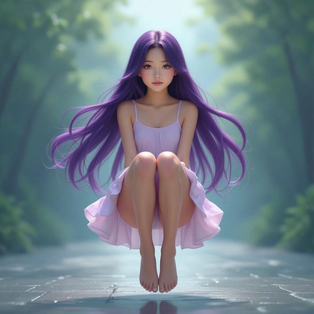 Photorealistic depiction of a young girl. She has long flowing purple hair. She sits gracefully in midair with feet off the ground. Background features a serene, tranquil green environment.