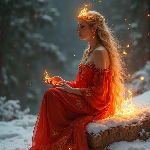 A female fire spirit sits on a snowy rock in a mystical forest. She has a slender figure and wears a flowing robe of crimson and platinum. The robe flickers like flame. Her long hair flows like fire, and she wears a delicate tiara. Small fire spirits float around her. Soft light illuminates the scene. Setting can be dawn, twilight, or moonlight. Allow for variations in body angle and pose.