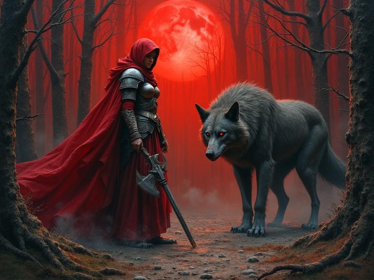 A dramatic image of a warrior in a red cloak standing over a defeated werewolf. She wears ornate armor and holds a silver axe. The setting is a forest with glowing eyes in the shadows under a blood-red moon. Depicted in the style of Boris Vallejo as an oil painting.
