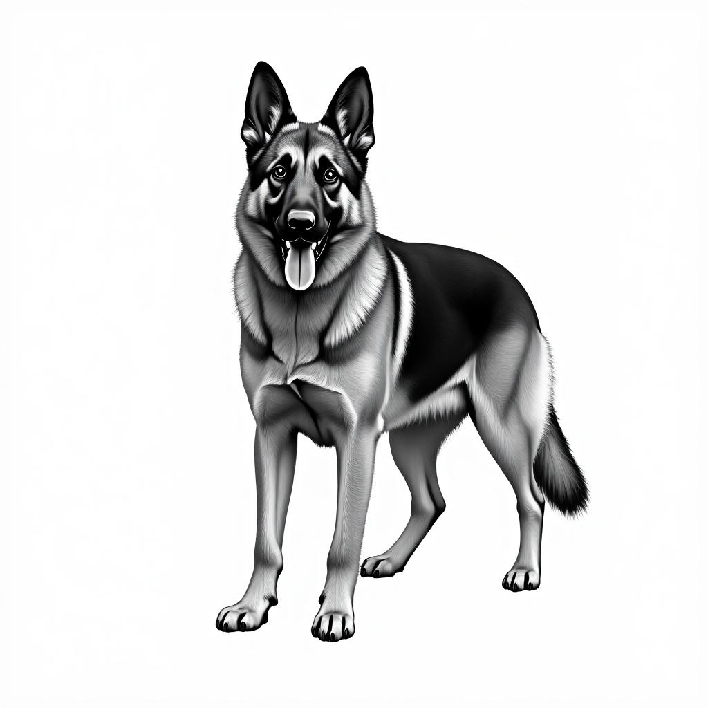 German Shepherd drawing in black and white. Detailed depiction of the dog. Emphasis on breed characteristics. Art showcases a standing posture.