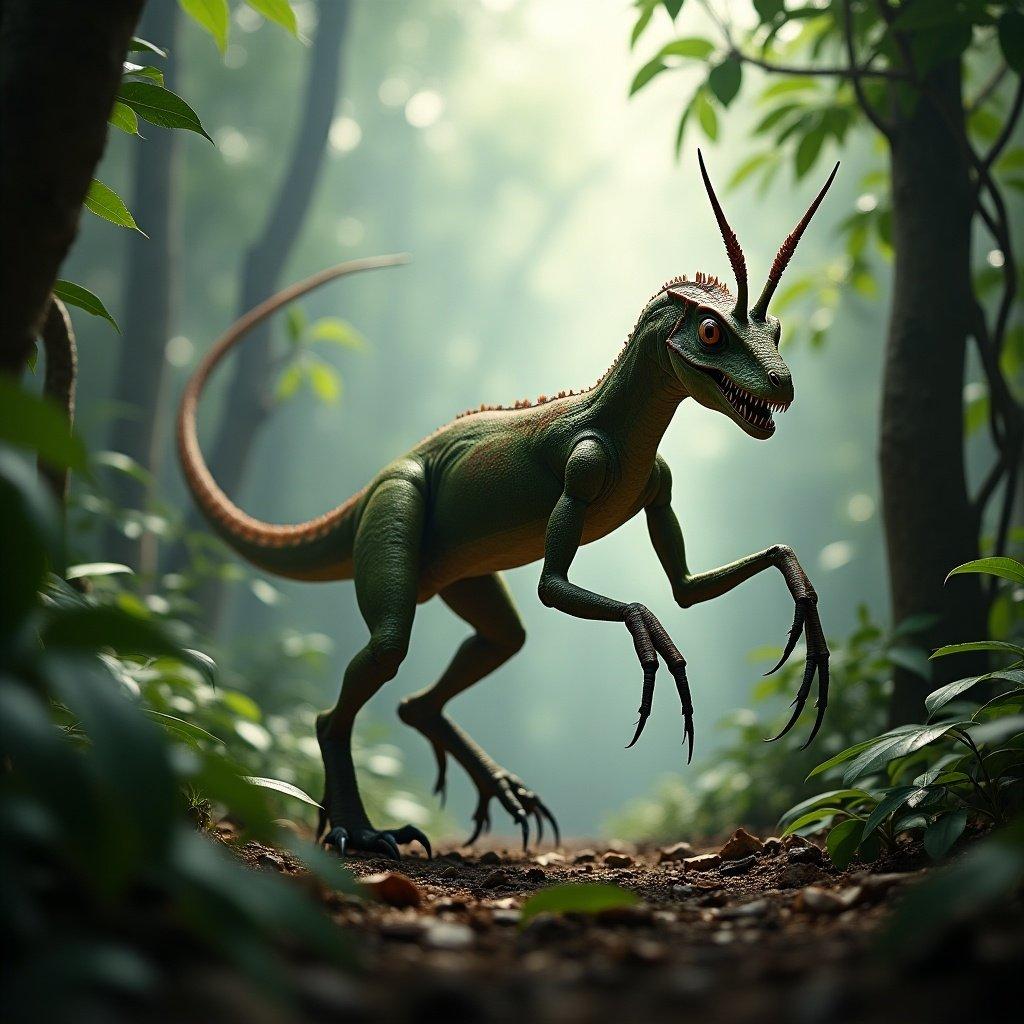 Misty jungle with sunlight filtering through vines. A hybrid of velociraptor and mantis prowls the undergrowth. Reptilian body with green brown scales. Velociraptor-like head with piercing eyes and sharp teeth, adorned with mantis antennae. Mantis claws are razor-sharp. Powerful hind legs allow great leaps. Whip-like tail tipped with serrated ridges. Dense jungle background, humid air, shafts of light illuminate the creature.