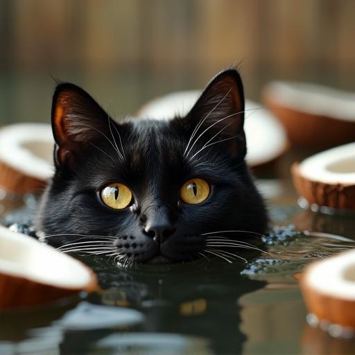 Black cat swimming in a pool of coconuts. Focus on photorealism. Cat is partially submerged with bright yellow eyes.