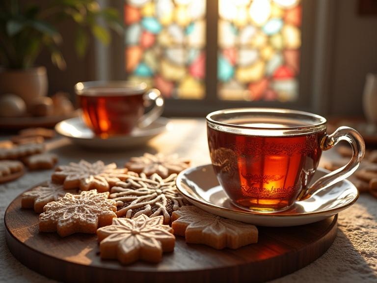 Photorealistic ornate intricate frosted cookies on a wooden platter with cups of tea. Stained glass window in background. Rustic kitchen setting at golden hour with soft warm light.