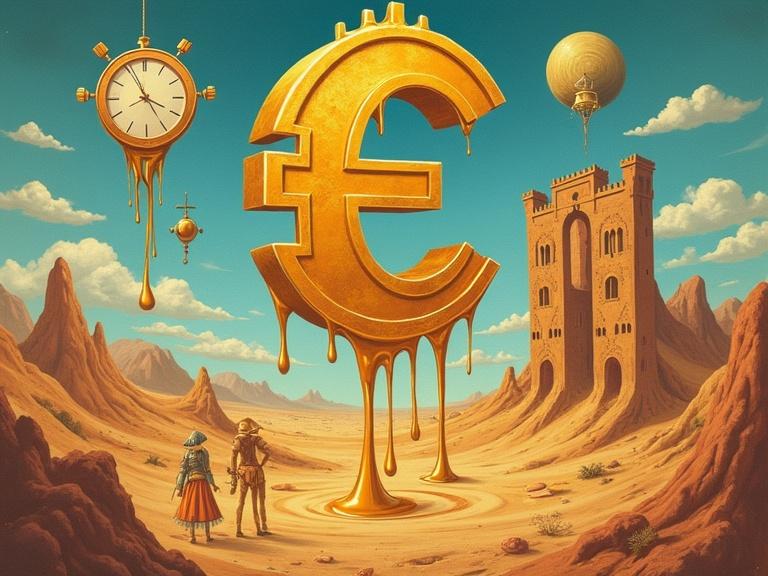Surreal t-shirt design featuring melting Bitcoin symbols draped over a desert landscape. Ethereal sky with floating islands. Twisted structures and distorted figures. Use soft gold, pale blues, and burnt orange colors. Incorporate metaphors for time, value, and digital illusions.